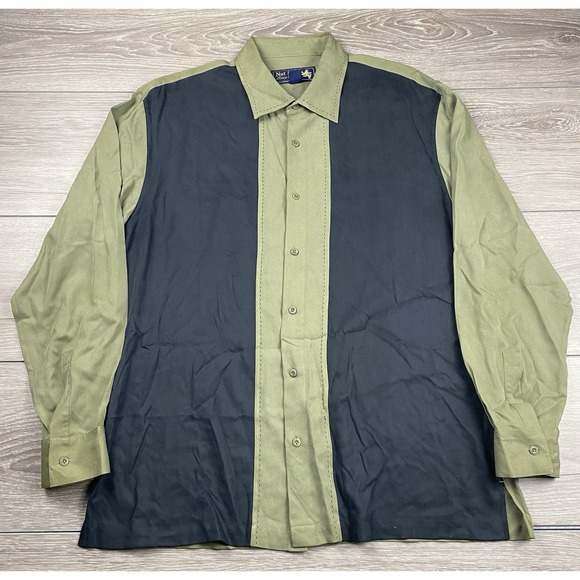 Nat Nast Mens Colorblock 100% Silk Long Sleeve Bowling Shirt Olive Black Size L - Picture 2 of 10